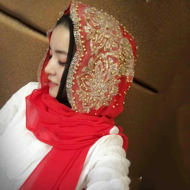 Hijabs Muslim Islamic Scarf Scarves for Woman Long Underscarf Moslima Headwraps with Bead Chiffon Prayer Turbante