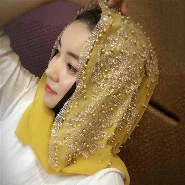 Hijabs Muslim Islamic Scarf Scarves for Woman Long Underscarf Moslima Headwraps with Bead Chiffon Prayer Turbante