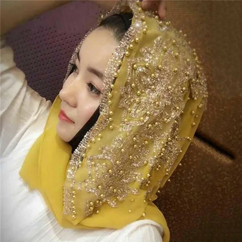Hijabs Muslim Islamic Scarf Scarves for Woman Long Underscarf Moslima Headwraps with Bead Chiffon Prayer Turbante