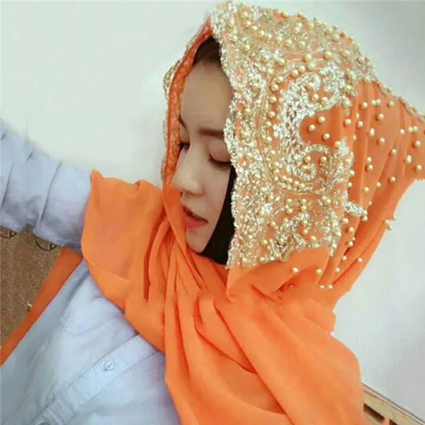 Hijabs Muslim Islamic Scarf Scarves for Woman Long Underscarf Moslima Headwraps with Bead Chiffon Prayer Turbante