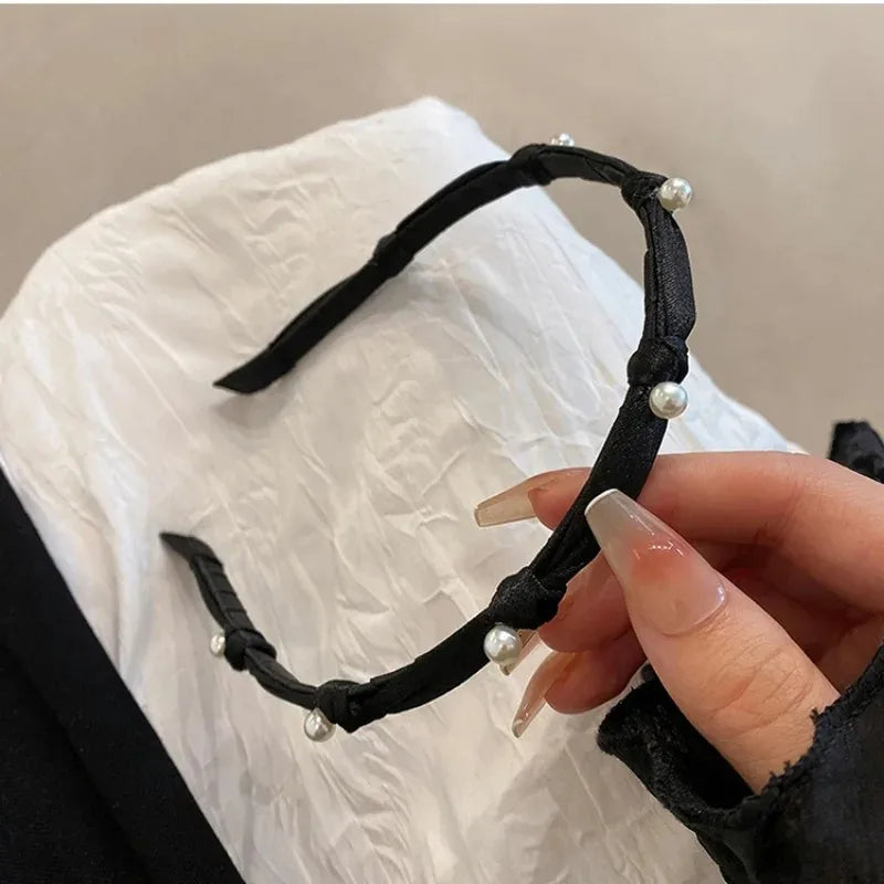 New Girls' Hair Hoops Hair Accessories Black Fine Edge Bow Knot Pearl Hairb and Elegant Headbands for Women Headwear