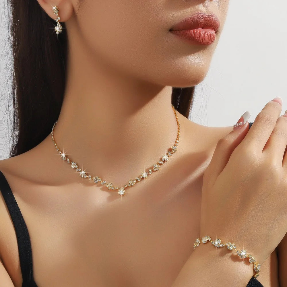 Bridal Shining Crystal Jewelry Set Diamond Exquisite Earrings Bracelet Luxury Necklace Banquet