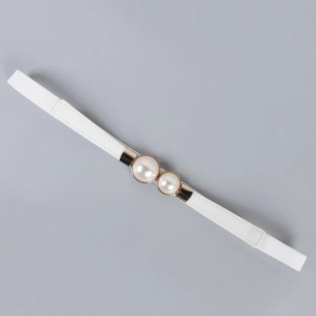 Elegant Double Pearls Buckle Elastic Women Belts Thin Straps Lady Girl Dress Skirt Decor Waistbands Trouser Dress Decoration