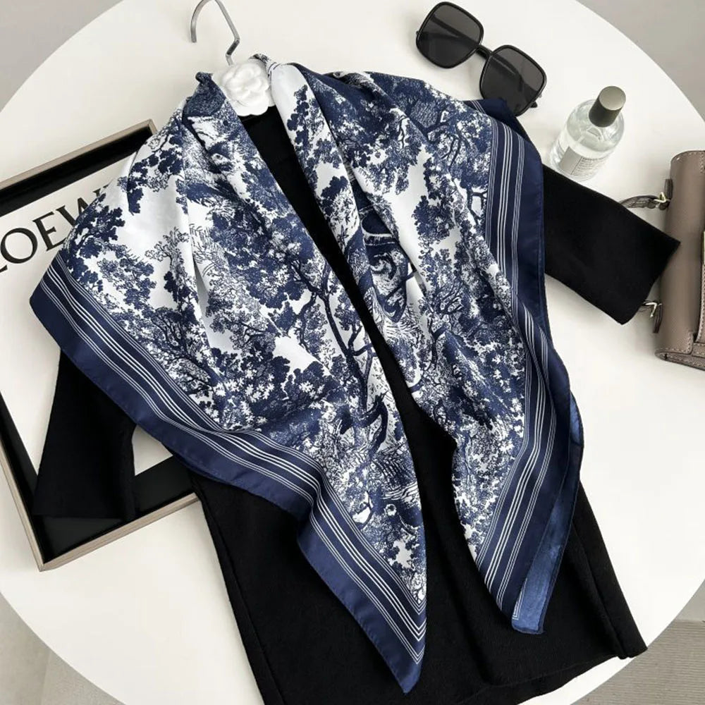 90*90cm Silk Scarves Women Print Foulard Square Head Hijab Ladies Luxury Brand Shawl Bandanna Female Muffler Outdoor Activities