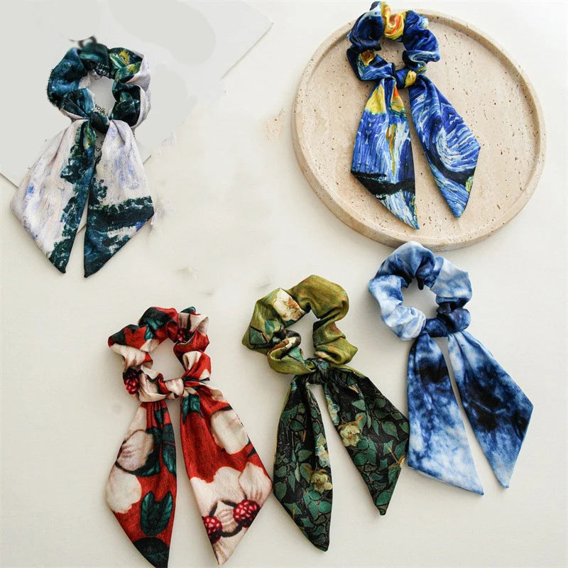 Women's Hair Accessories Girl Lady Elastic Headband Scrunchies With Ribbon Floral Design Trend Bandana Band Headbands Fashion