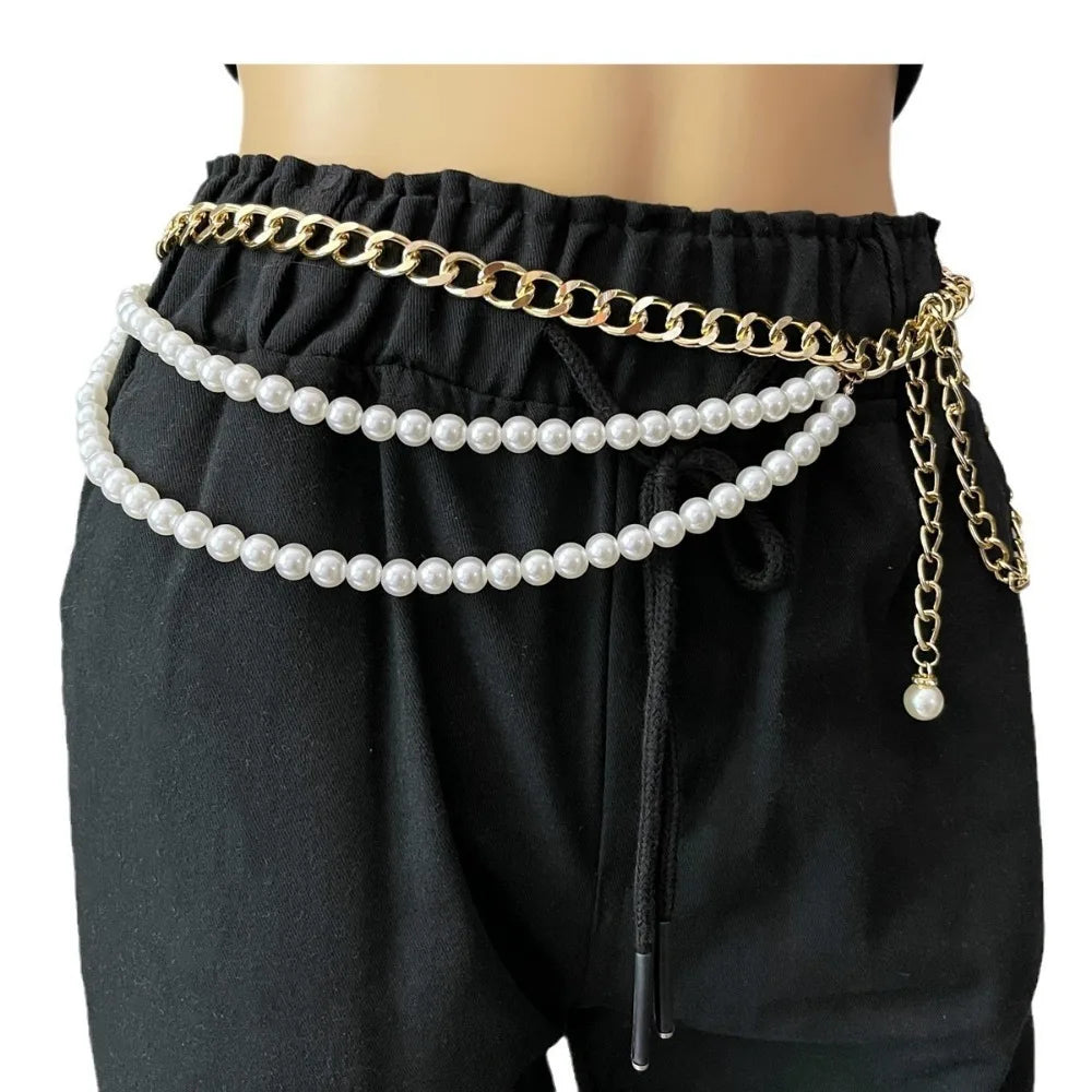 Elegant Multilayer Pearl Belt Versatile Waist Accessory Metal Long Tassel Waist Chain Dress Jeans Belts Boho Waistbands Women