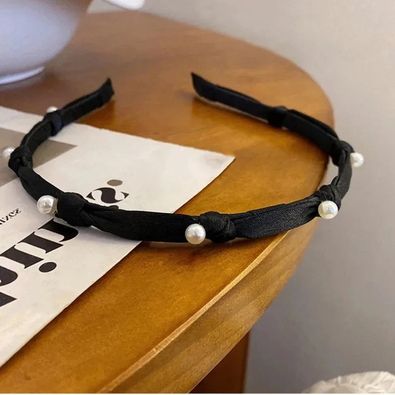 New Girls' Hair Hoops Hair Accessories Black Fine Edge Bow Knot Pearl Hairb and Elegant Headbands for Women Headwear