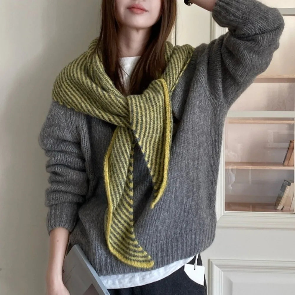 Fashionable Comfortable Triangle Striped Scarf Elegant Windproof Neck Warmer Versatile Soft Knit Wool Scarf Casual Wear