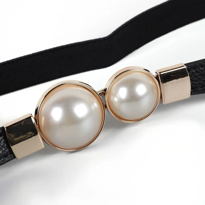 Elegant Double Pearls Buckle Elastic Women Belts Thin Straps Lady Girl Dress Skirt Decor Waistbands Trouser Dress Decoration