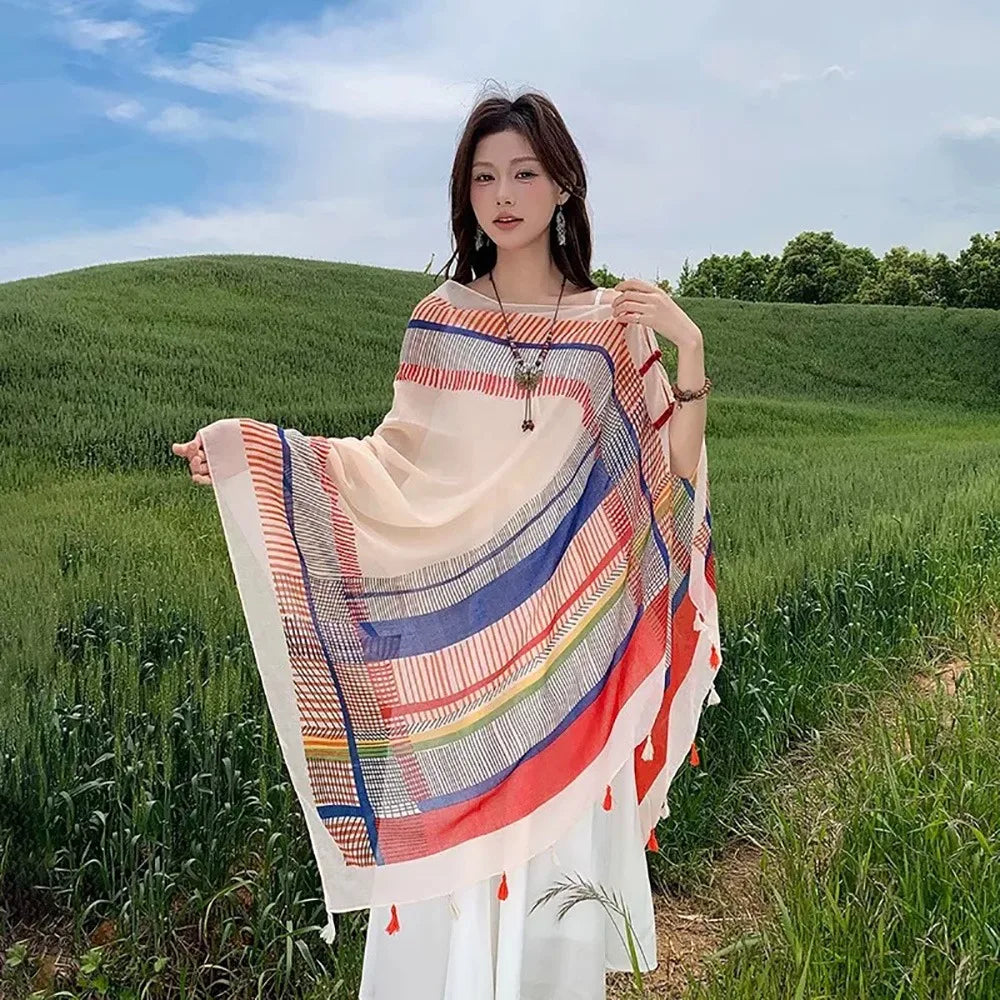 Fashion Multicolor Sunscreen Shawls Dual-Use Design Long Style Dual-Use Scarves Seaside Holiday Beachwear Long Scarves Seaside