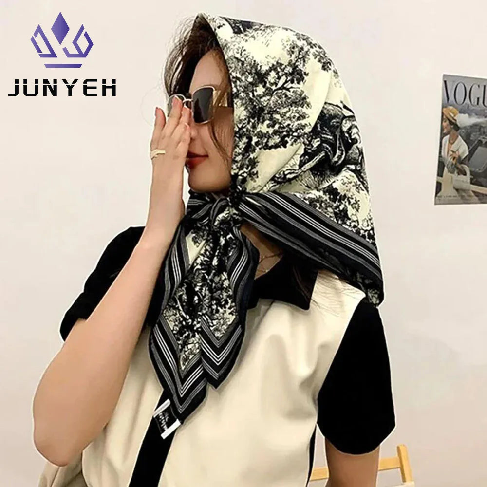 90*90cm Silk Scarves Women Print Foulard Square Head Hijab Ladies Luxury Brand Shawl Bandanna Female Muffler Outdoor Activities
