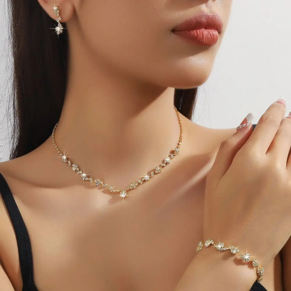 Bridal Shining Crystal Jewelry Set Diamond Exquisite Earrings Bracelet Luxury Necklace Banquet