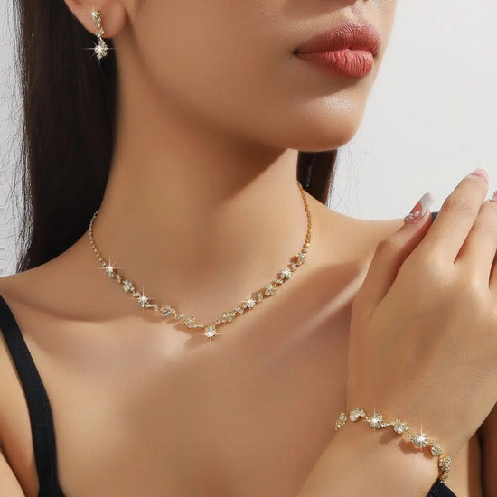 Bridal Shining Crystal Jewelry Set Diamond Exquisite Earrings Bracelet Luxury Necklace Banquet