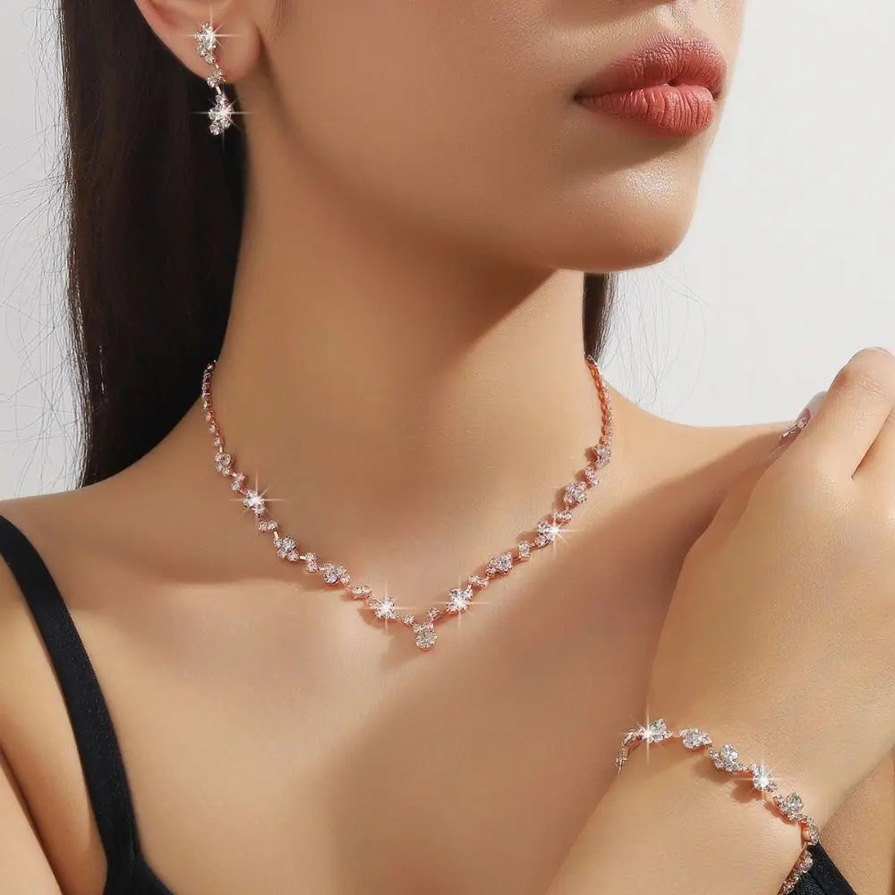 Bridal Shining Crystal Jewelry Set Diamond Exquisite Earrings Bracelet Luxury Necklace Banquet